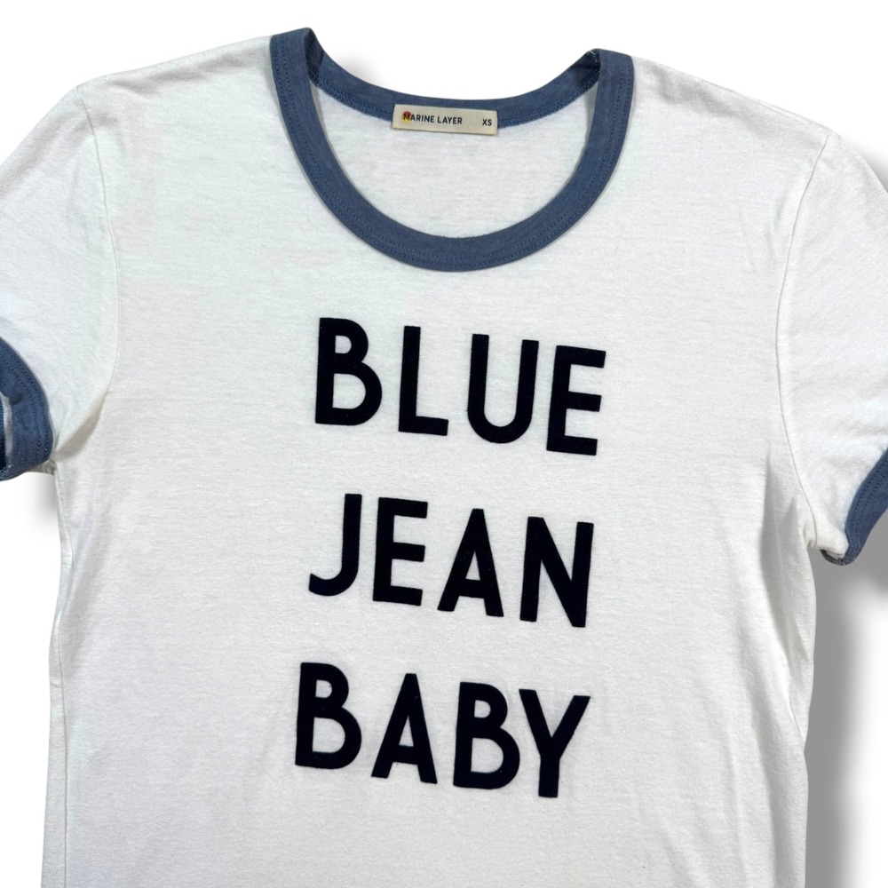 Marine Layer T-Shirt Womens XS White Blue Jean Baby Graphic Ringer Tee